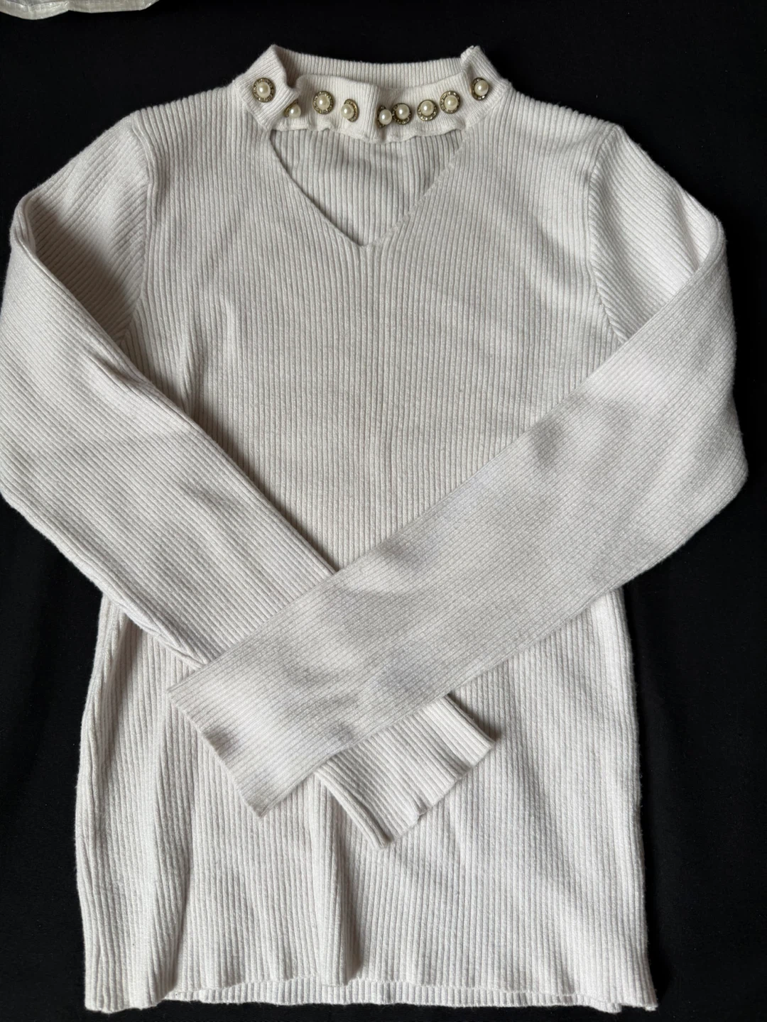 Cream Ribbed Long-Sleeve Top with Pearl Detail - photo 4
