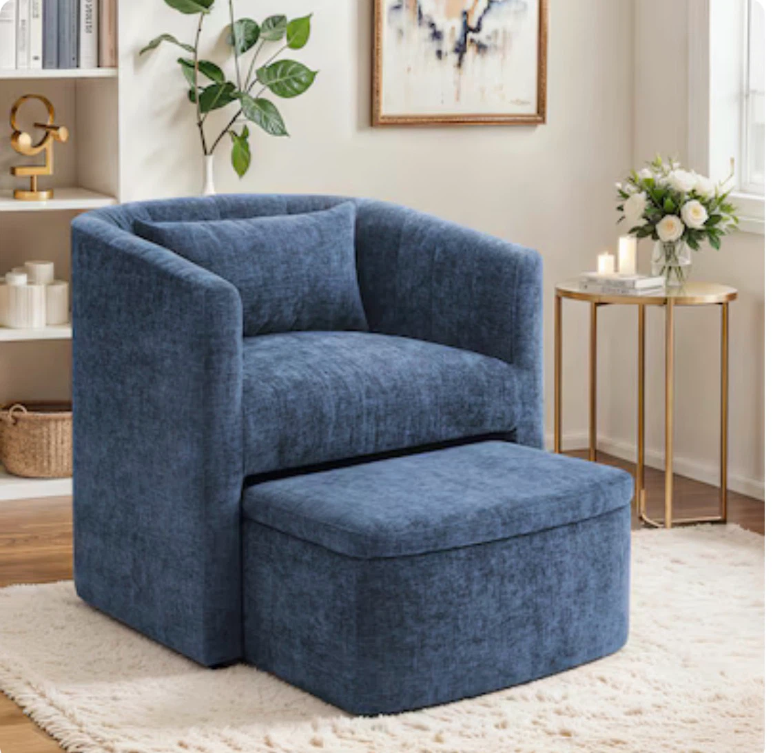 Blue Fabric Barrel Chair with Storage Ottoman-Brand new