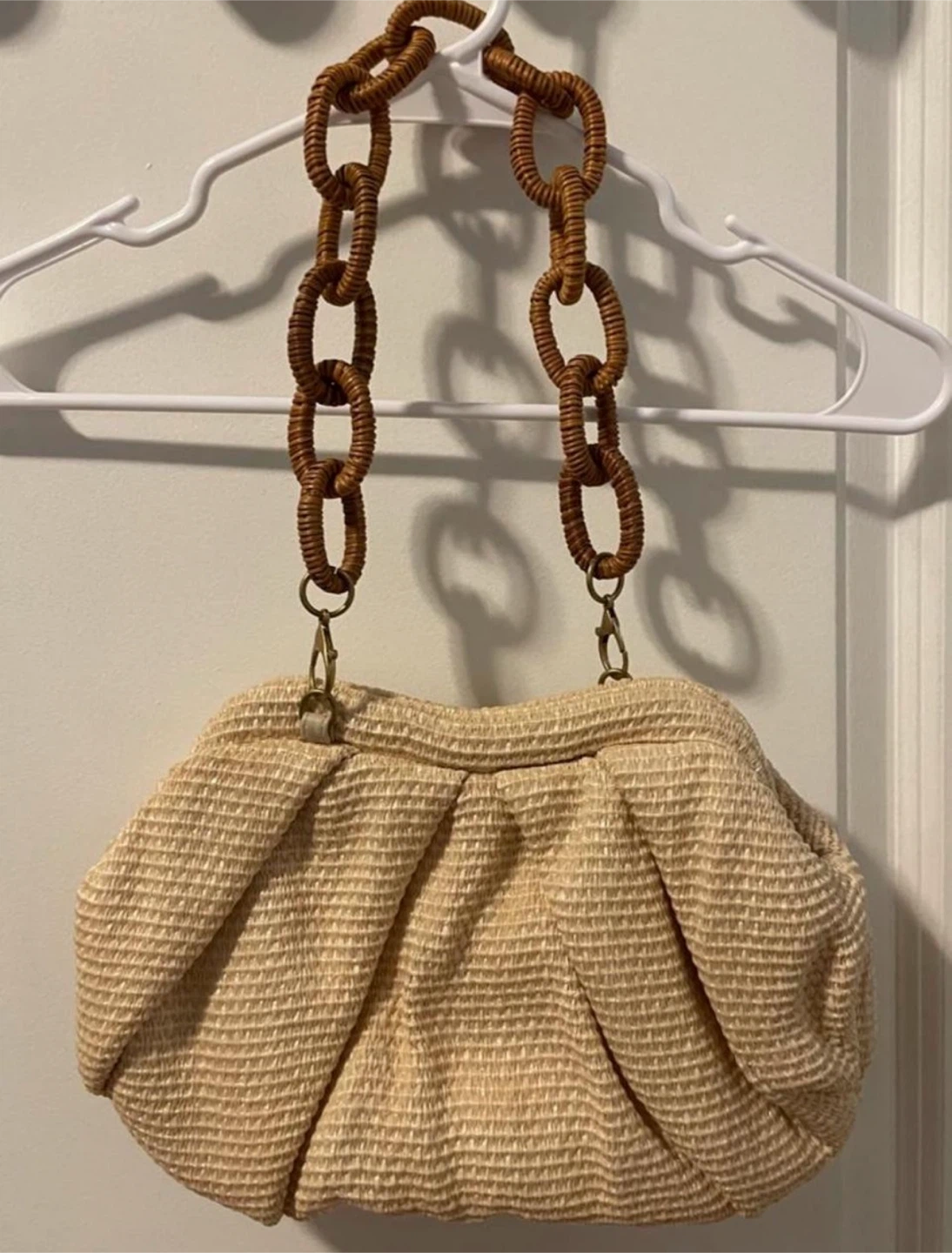 Woven Straw Handbag with Rattan Chain Handle