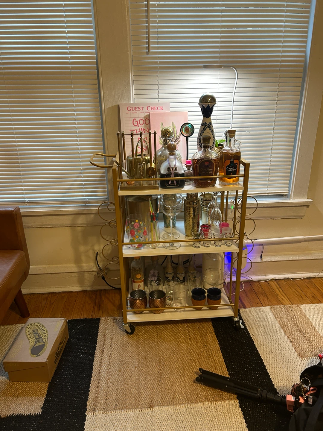 Gold and White Three-Tier Rolling Bar Cart