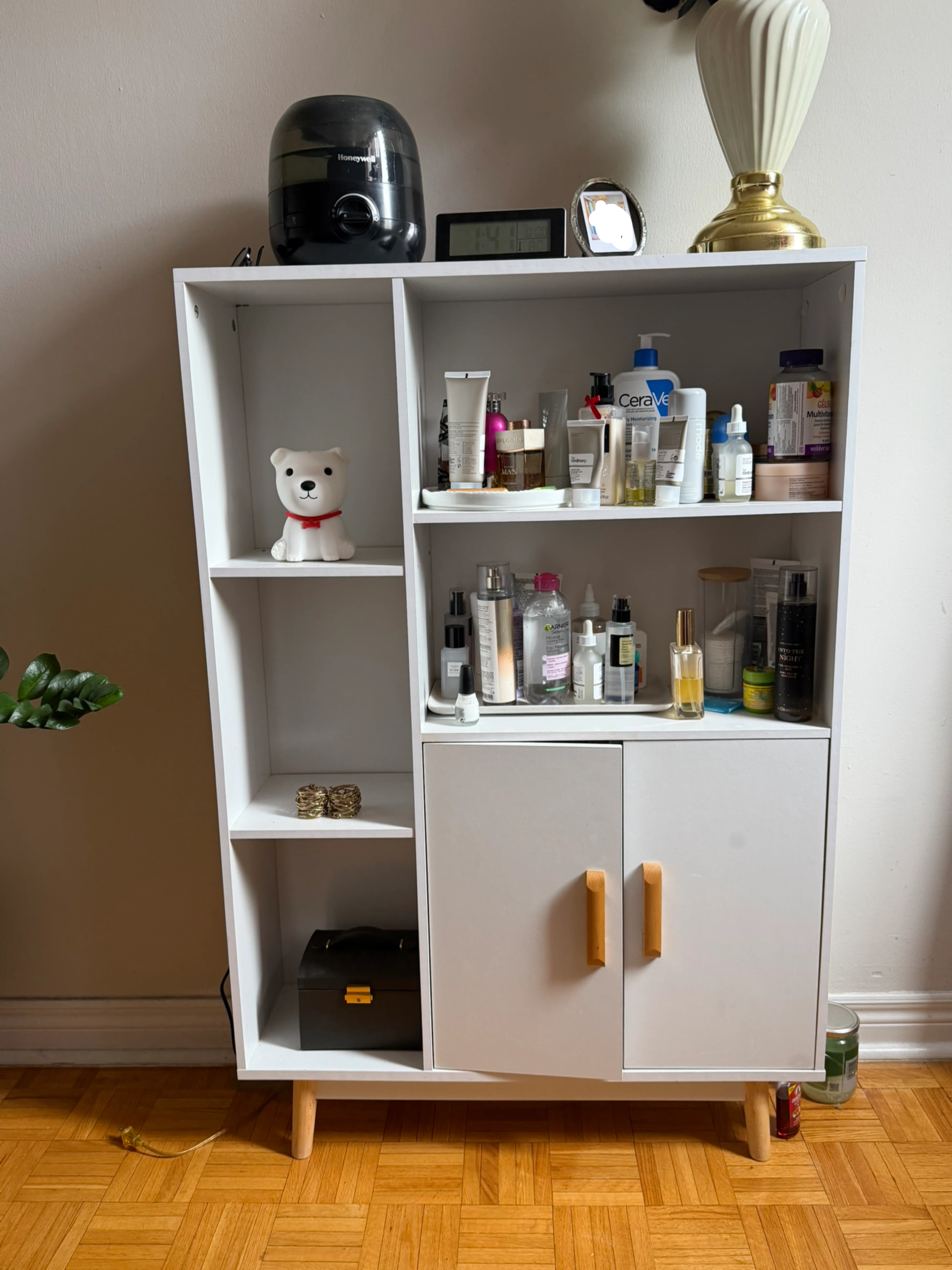 White Storage Cabinet with Open Shelves