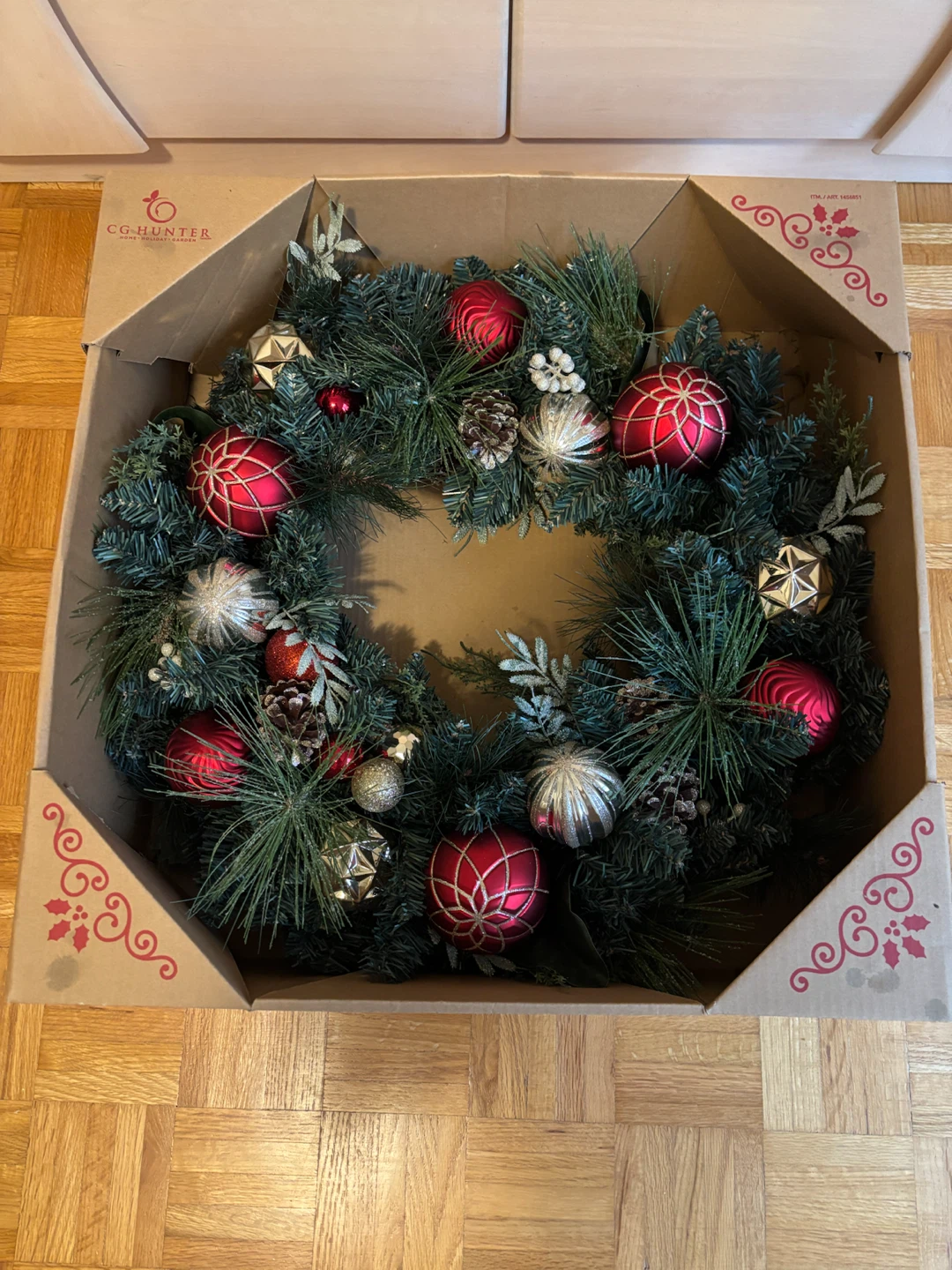 Beautiful Christmas Door Wreath with Red and champagne Ornaments