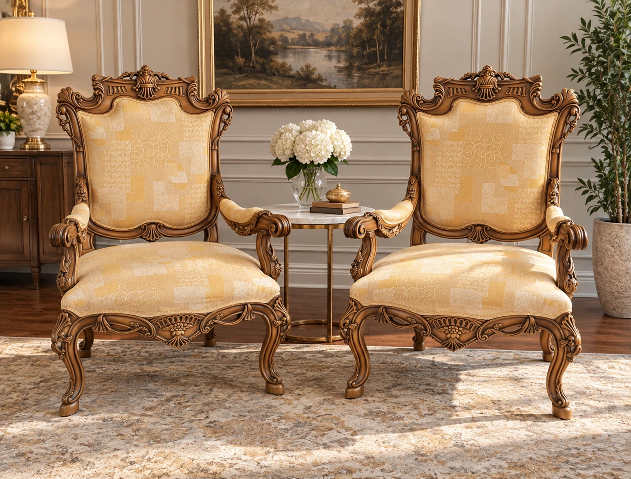 Set of Two Ornate Yellow Accent Chairs