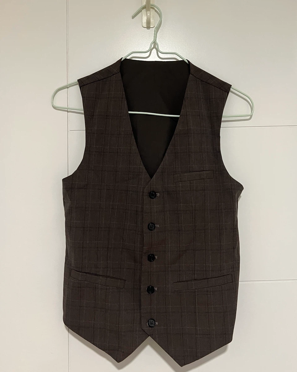 Mens Coffee Brown Plaid Suit Vest and Trouser Set