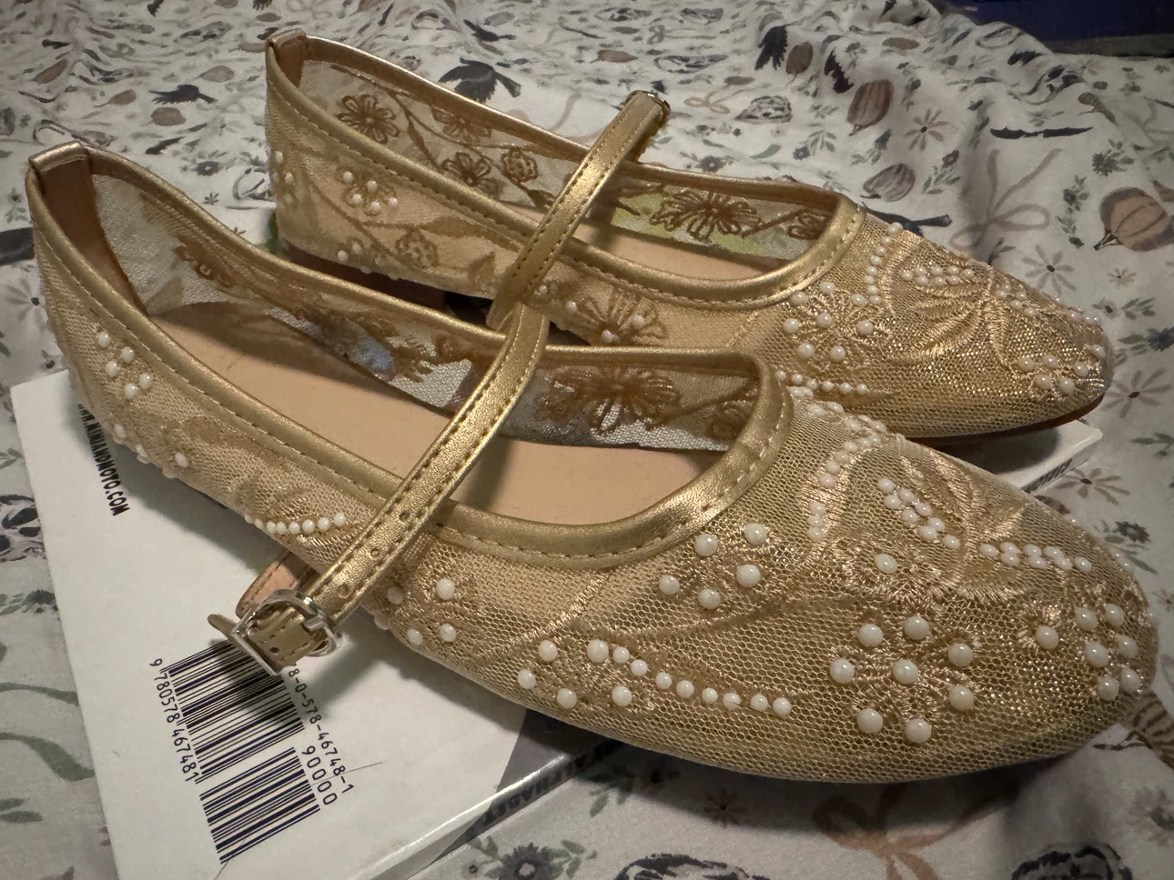 Gold Lace and Pearl Mary Jane Flats