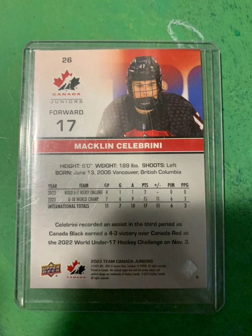 Macklin Celebrini 2023 Team Canada Juniors Card - photo 2