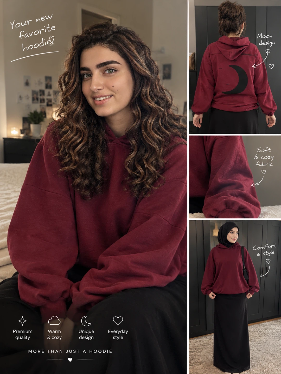 Modest, cozy & stylish: Maroon moon hoodie + black maxi skirt - photo 2