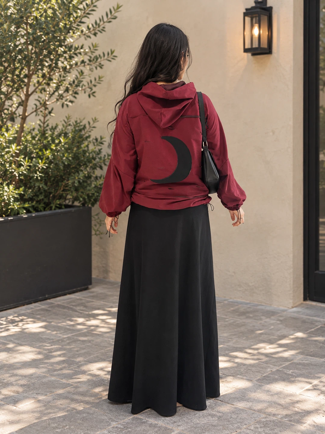 Modest, cozy & stylish: Maroon moon hoodie + black maxi skirt - photo 3