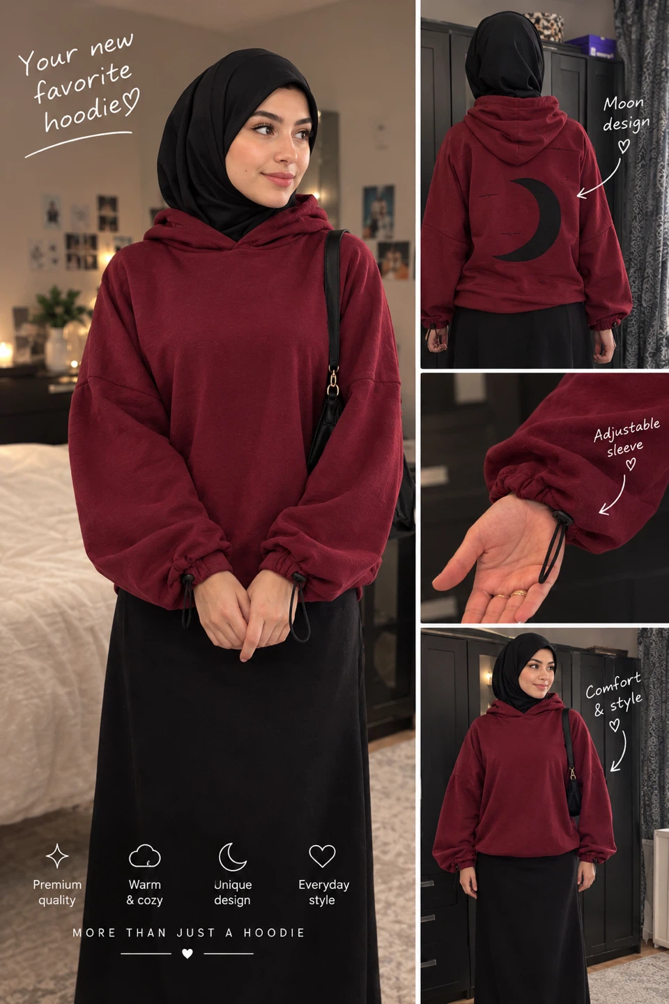 Modest, cozy & stylish: Maroon moon hoodie + black maxi skirt - photo 4