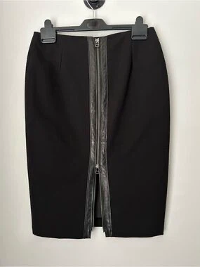 Black Midi Skirt with Leather Detail
