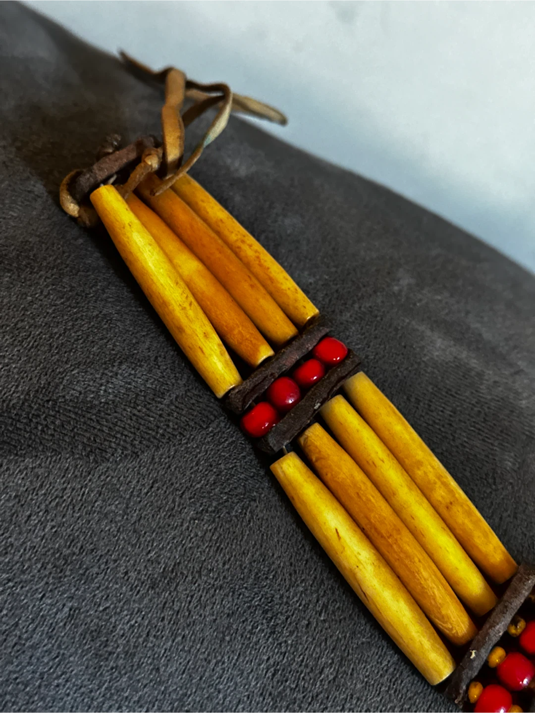 Native Style Vintage Bone & Leather Bracer Cuff - photo 5
