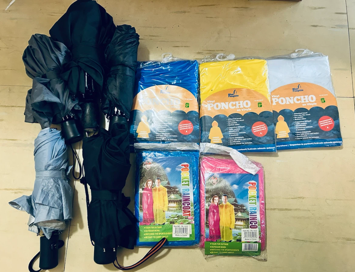 Umbrellas and 5 Rain Ponchos/ Raincoats