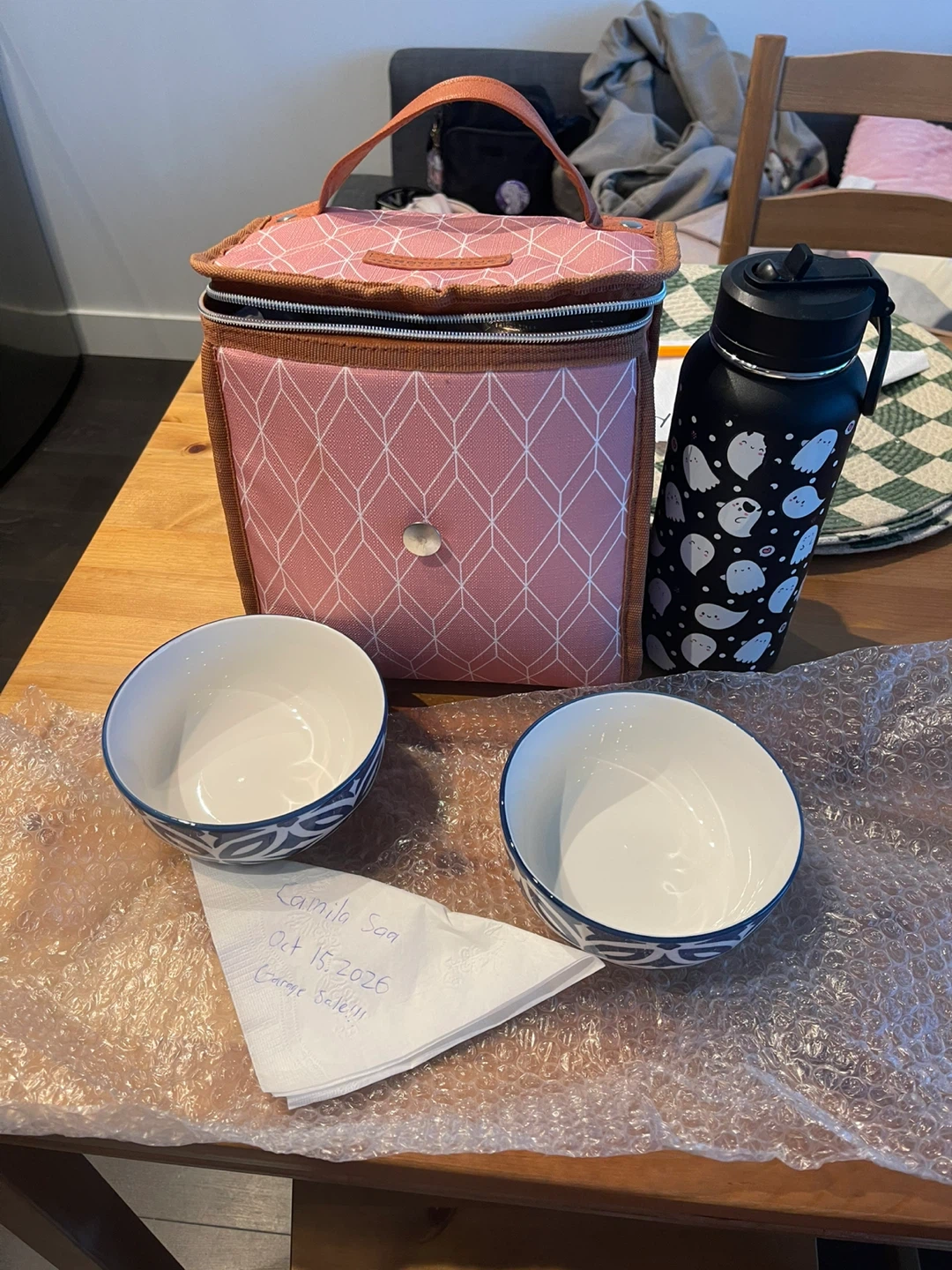 Insulated Lunch Bag, Water Bottle, and Two Bowls