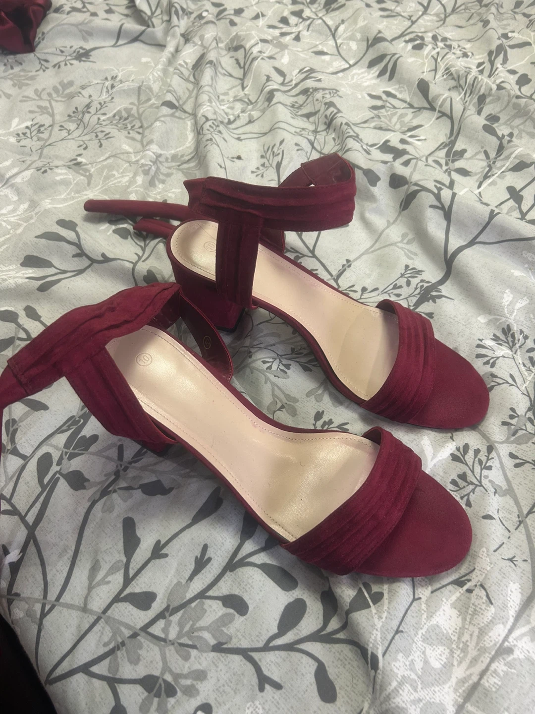 Burgundy block heel ankle strap sandals
