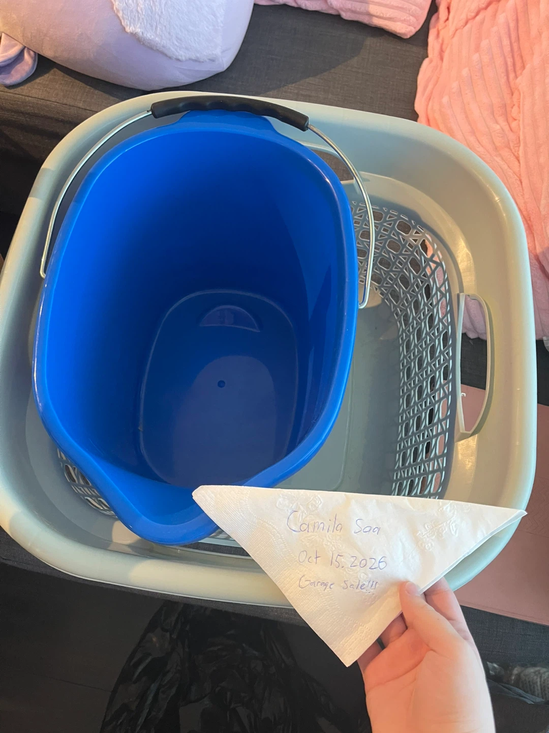 Blue Plastic Bucket and Grey Laundry Basket Set