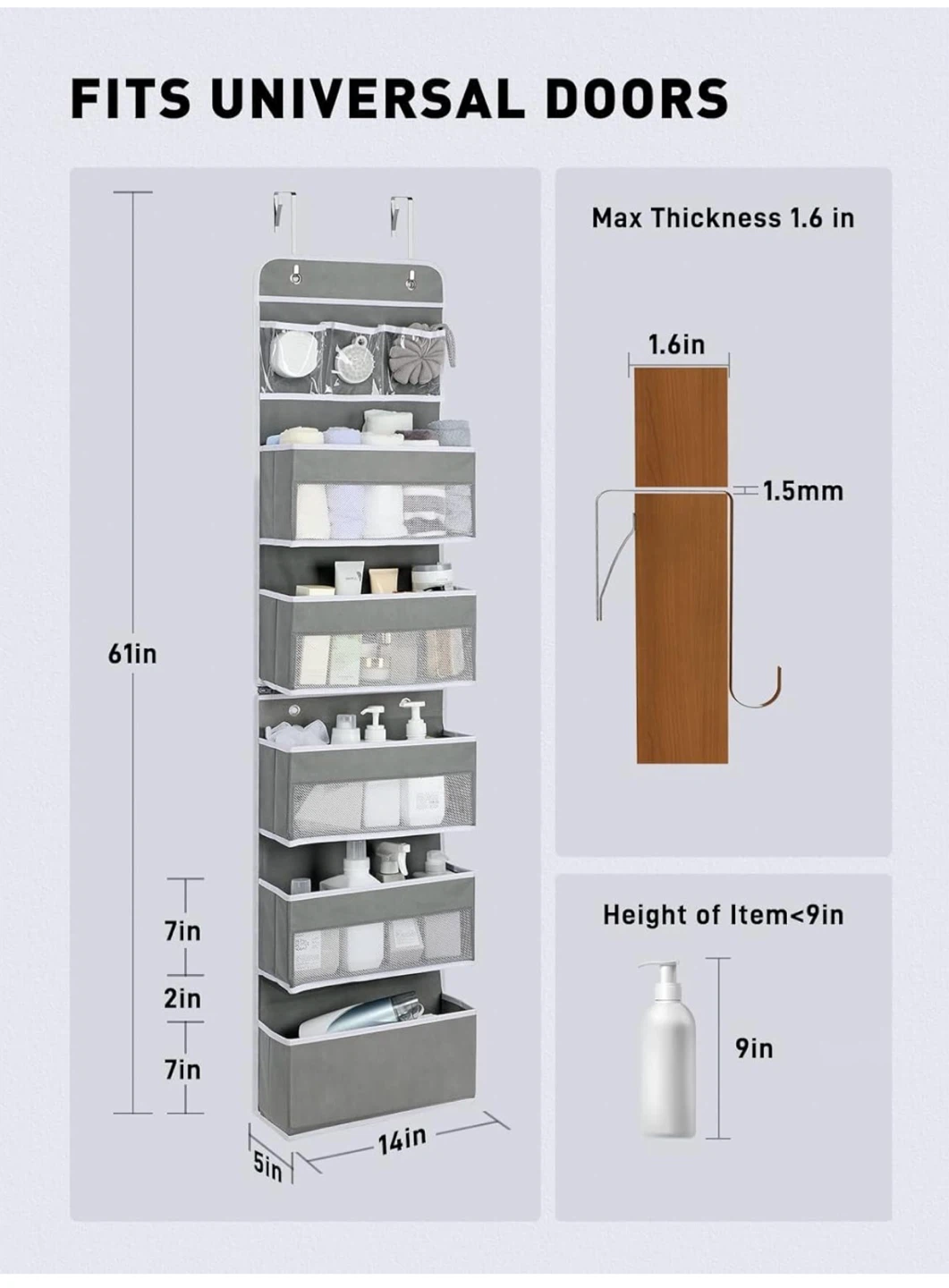 Yecaye Over the Door Organizer, Longer 6 Tier Grey - photo 2