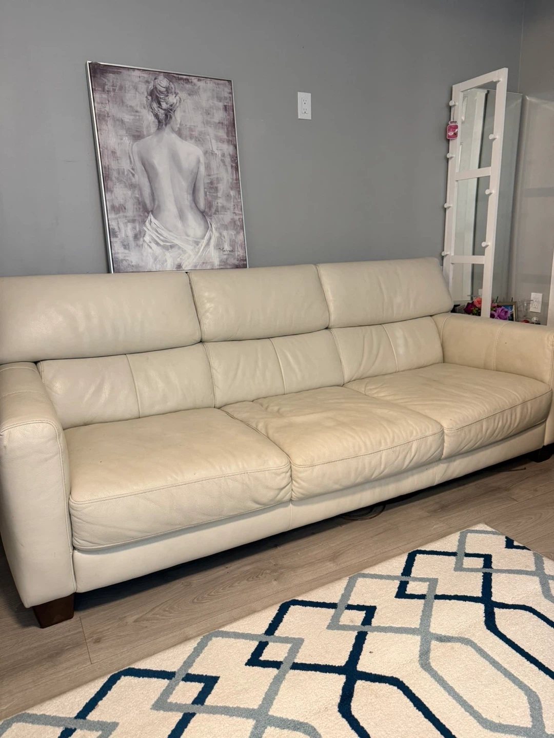 Cream Leather Three-Seater Sofa