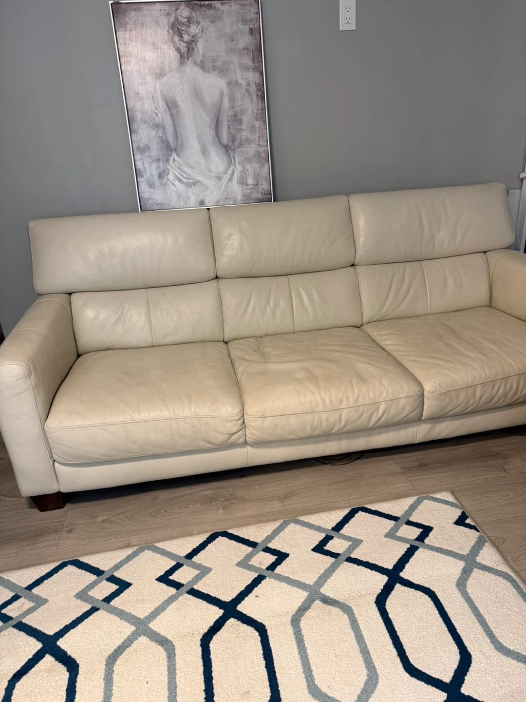 Cream Leather Three-Seater Sofa - photo 3