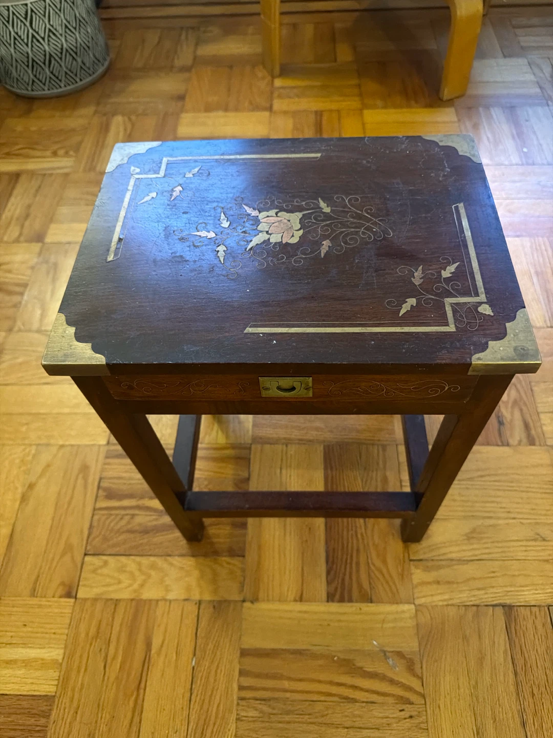 Vintage Wooden Side Table with Brass Inlay