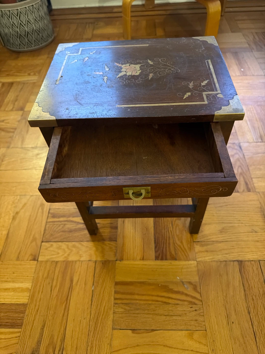 Vintage Wooden Side Table with Brass Inlay - photo 2