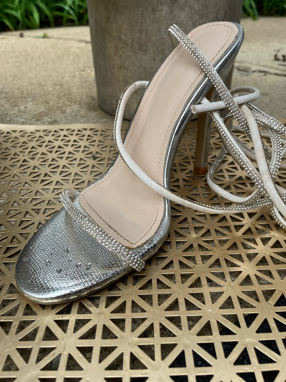 Silver Rhinestone Lace-Up Stiletto Heels - photo 3