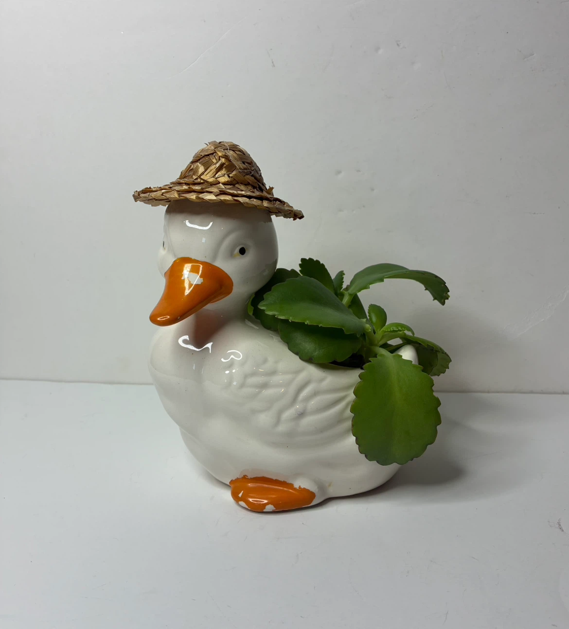 Vintage Taiwan Ceramic Goose Planter Straw Hat Live Succulent