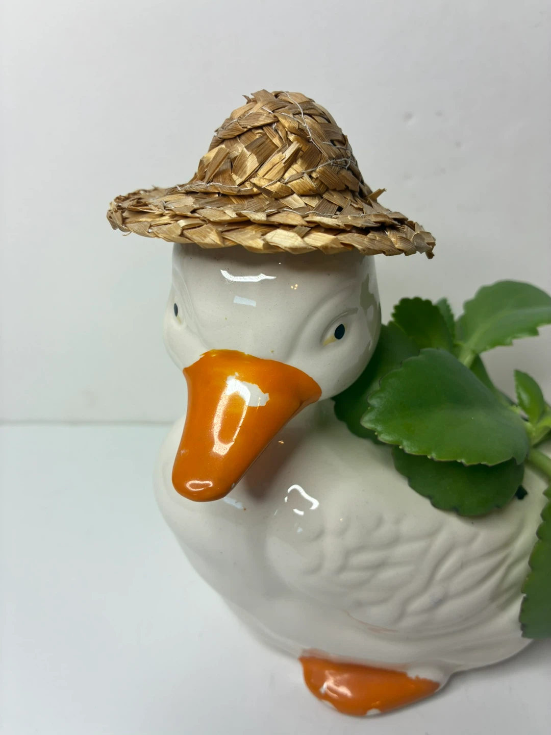 Vintage Taiwan Ceramic Goose Planter Straw Hat Live Succulent - photo 2
