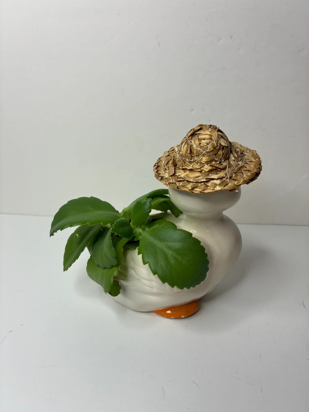 Vintage Taiwan Ceramic Goose Planter Straw Hat Live Succulent - photo 4