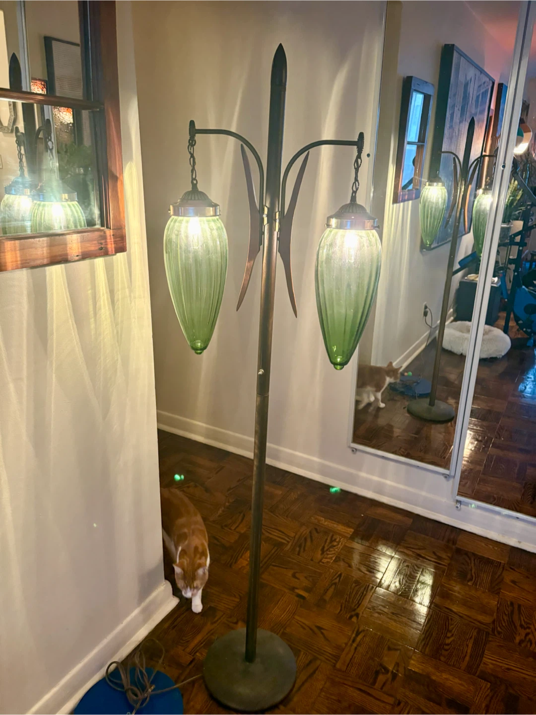 Vintage Dual-Light Floor Lamp with Green Glass Shades - photo 2