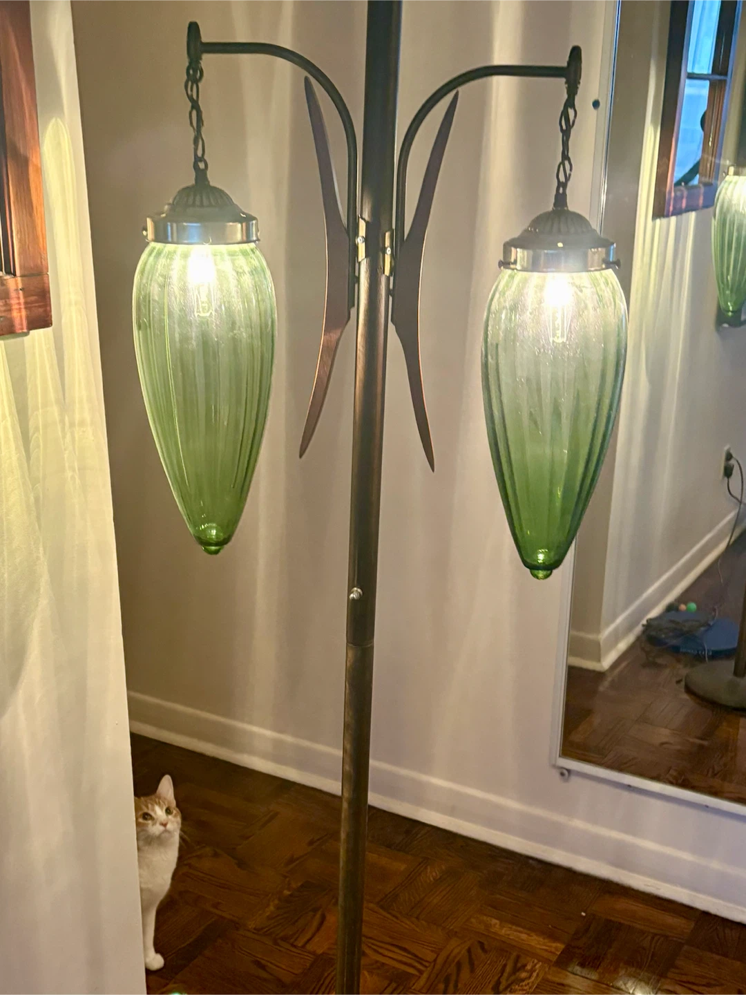 Vintage Dual-Light Floor Lamp with Green Glass Shades - photo 3