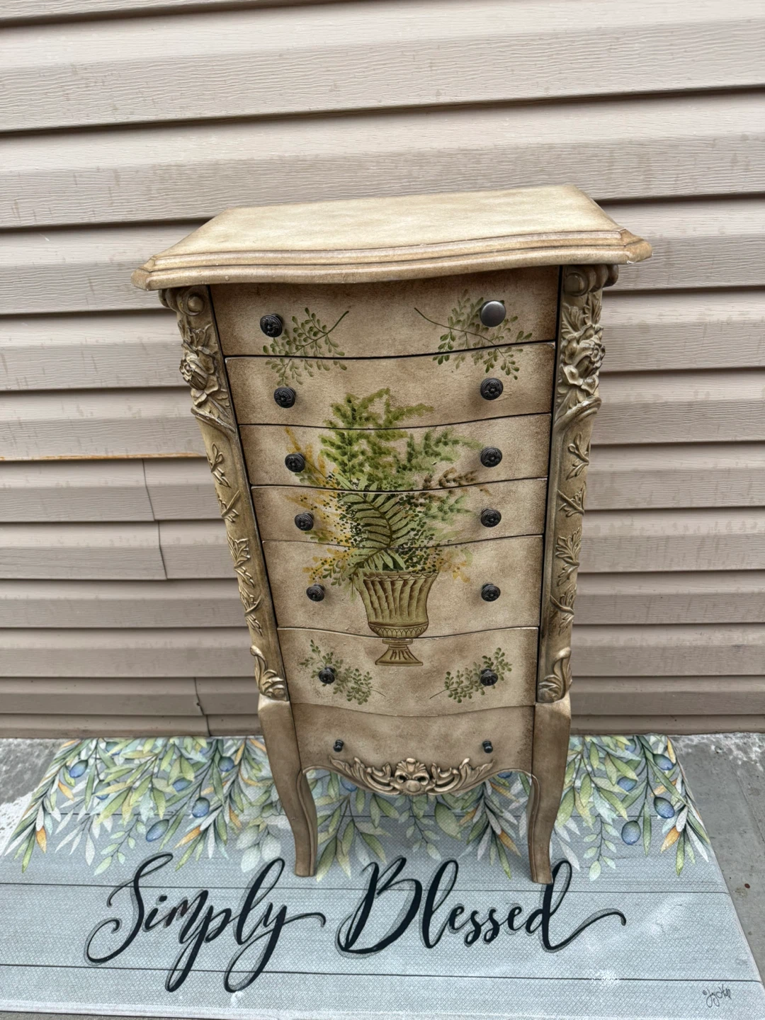 Vintage Style Tall Jewelry Armoire with Floral Painting