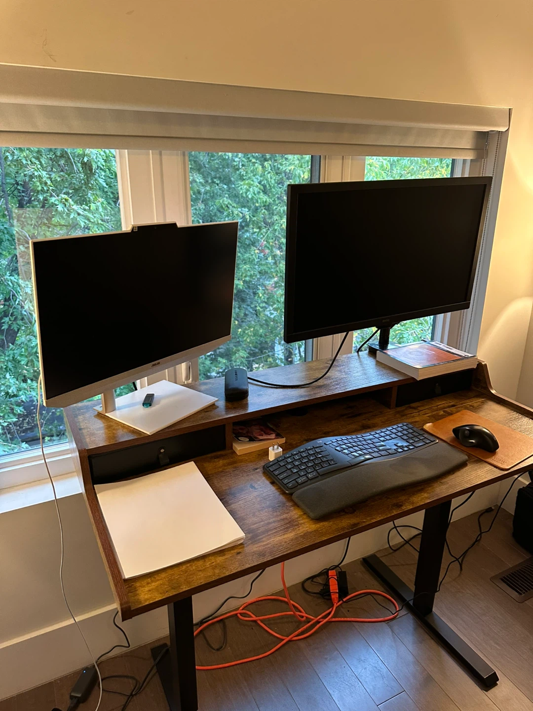 Standing desk with wood finish
