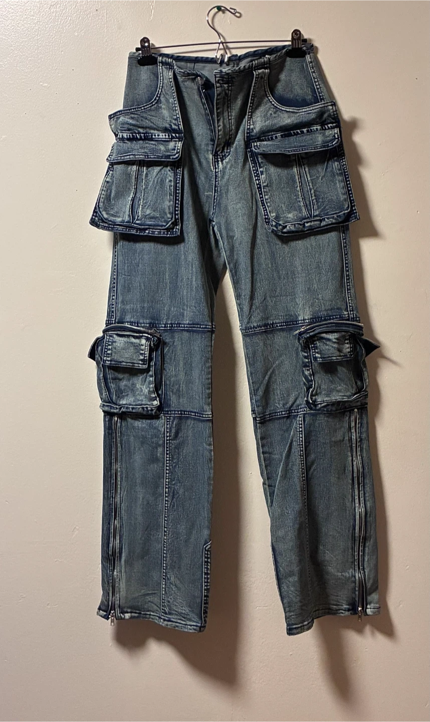 Acid Wash Cargo Denim Pants