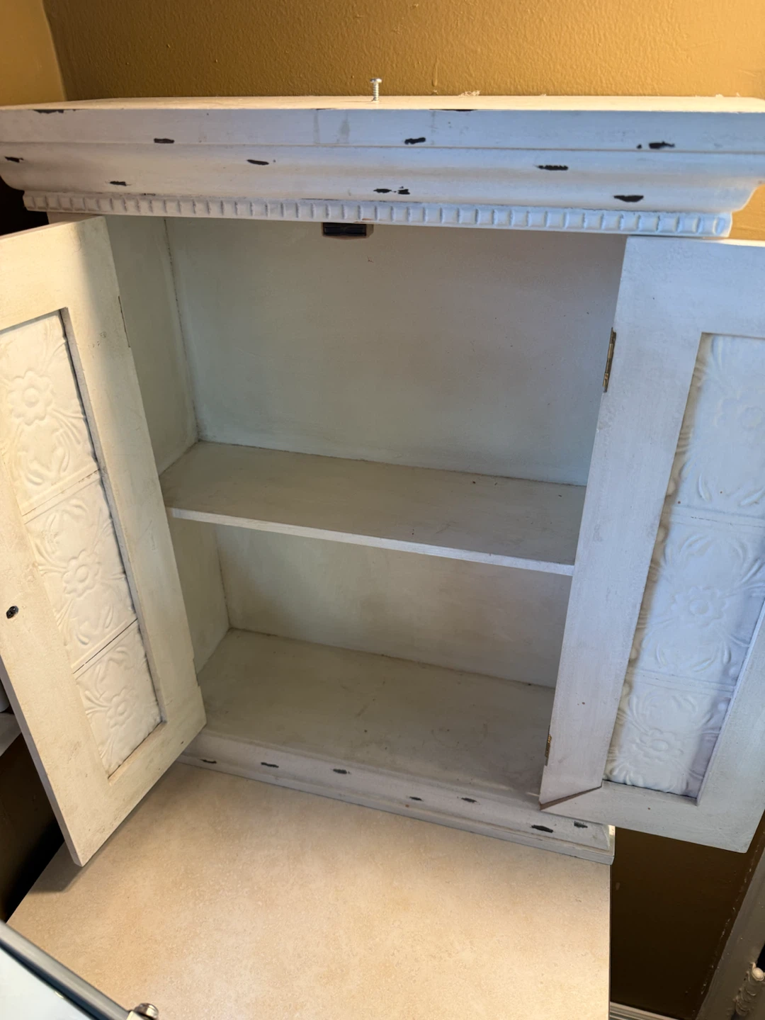 Distressed White Wall Cabinet with Floral Pattern Doors - photo 2