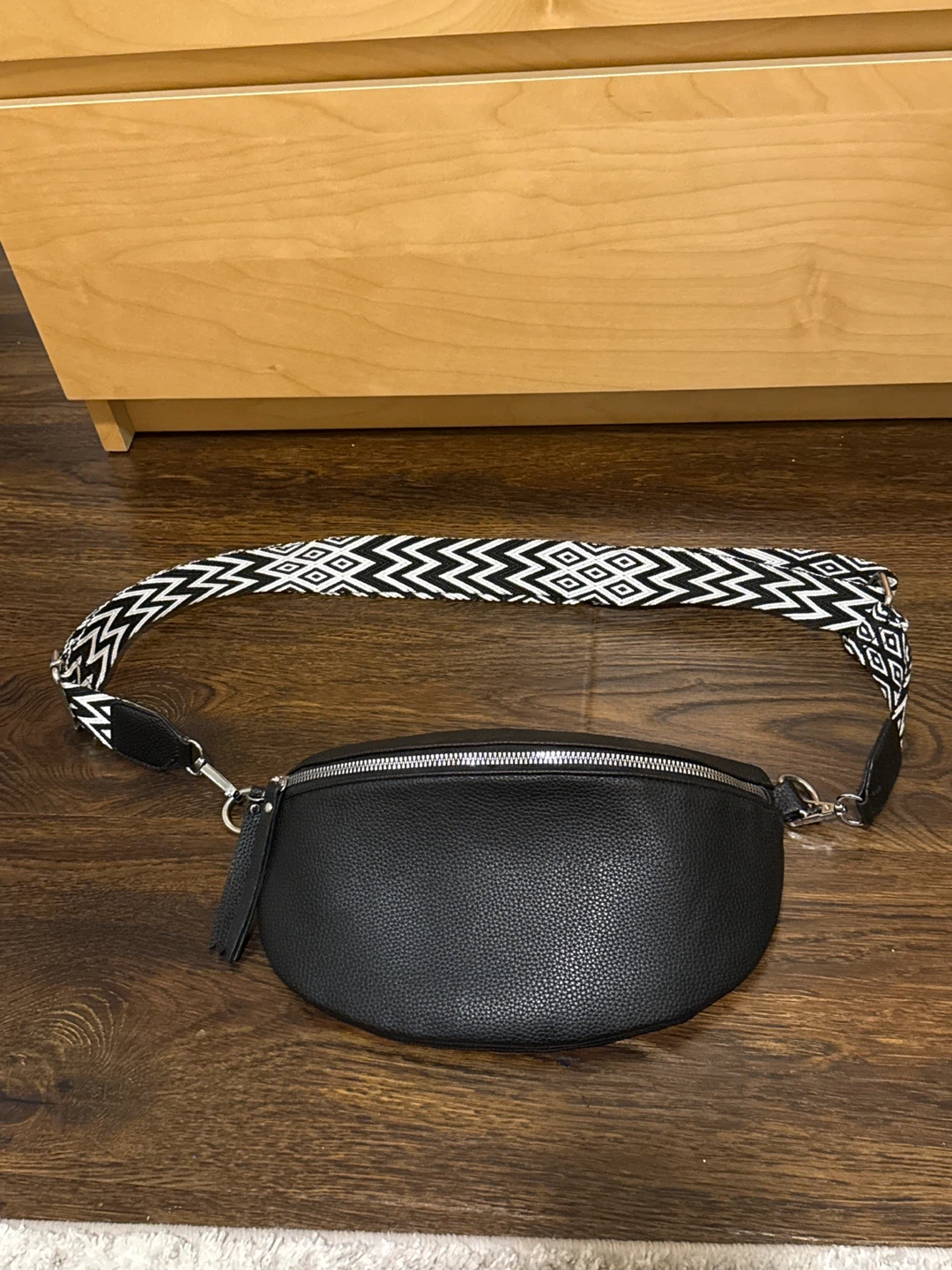 Black Crossbody Bag with Geometric Pattern Strap