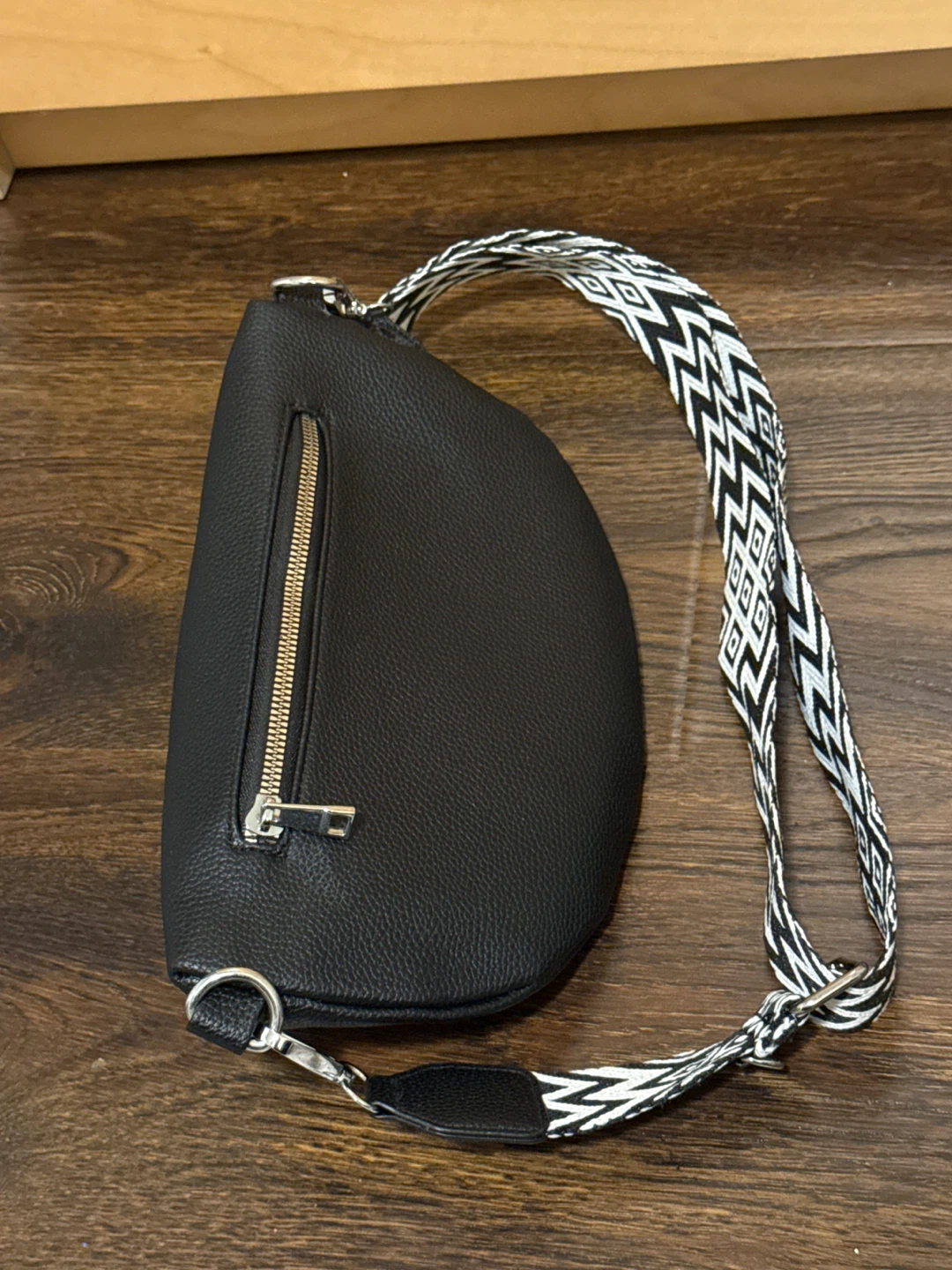 Black Crossbody Bag with Geometric Pattern Strap - photo 2