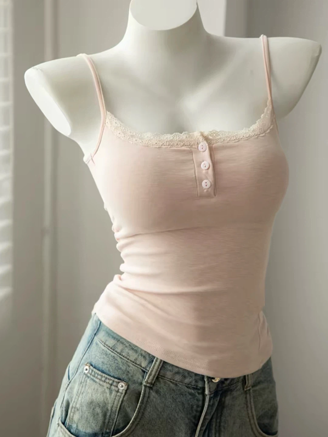 Brand New Pink Lace Henley Camisole (Size XS)