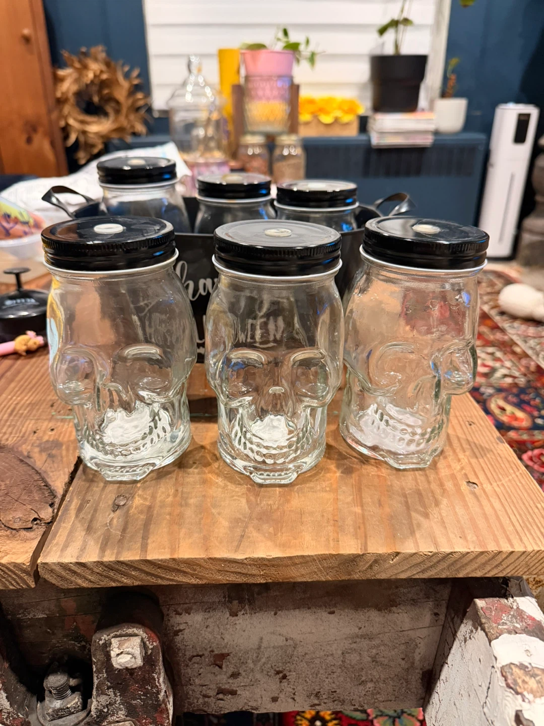 Set of 6 Skull Glass Mason Jars