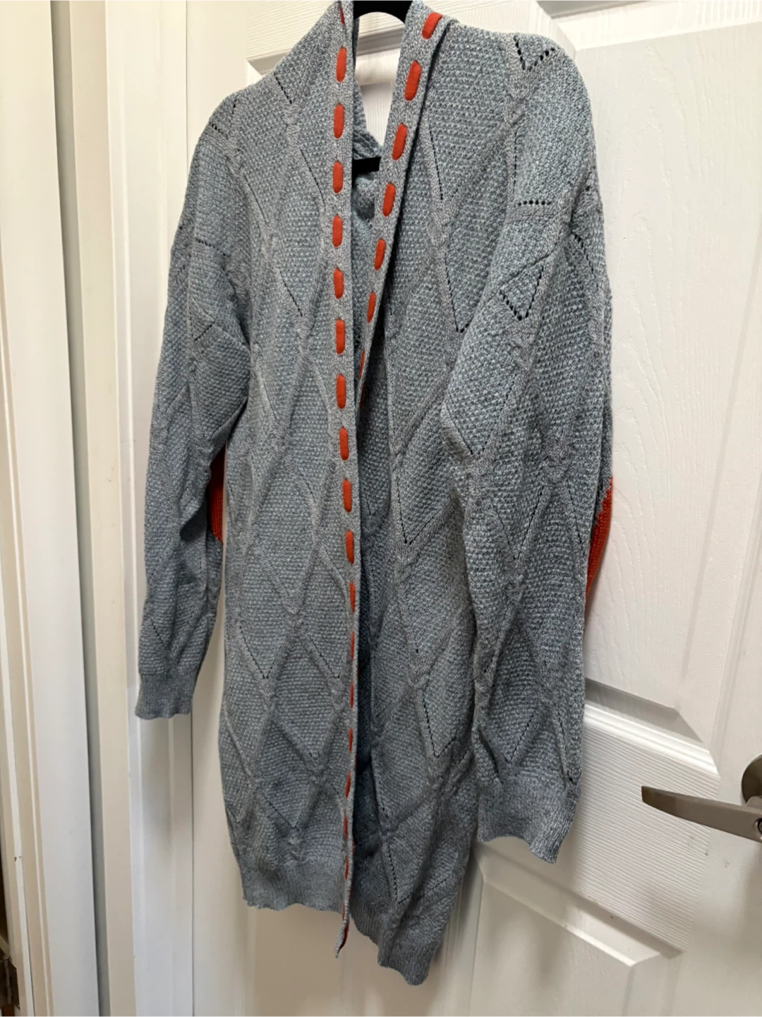 Grey Hooded Cardigan with Orange Accents