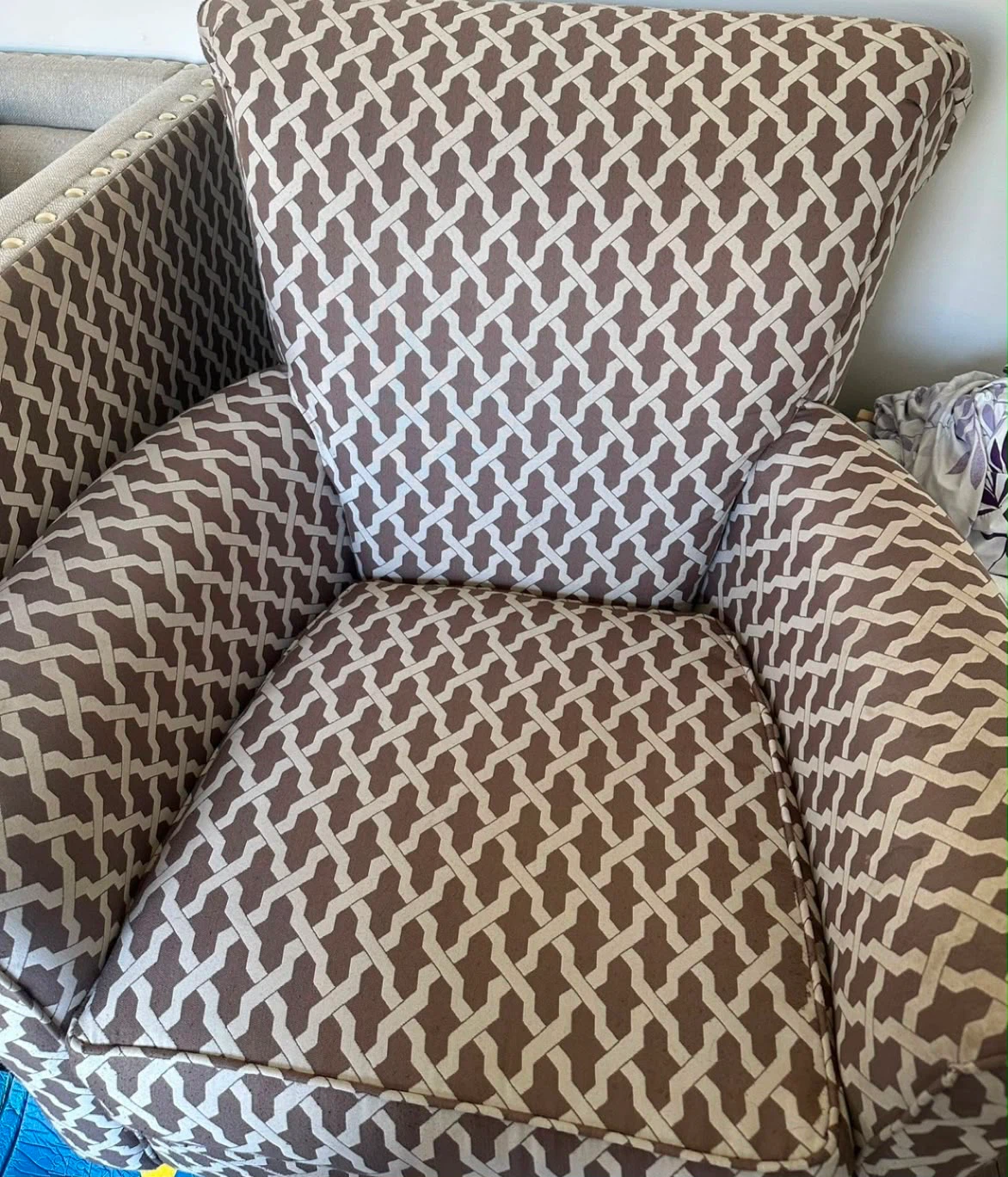 Beige Tufted Sofa and Patterned Accent Chair - photo 3