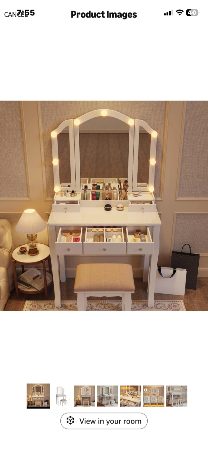 White Makeup Vanity with Mirror and Stool