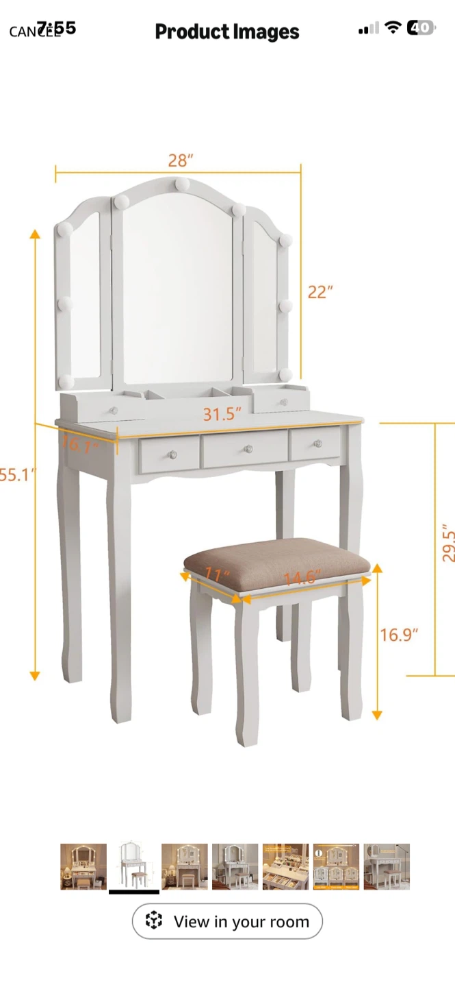 White Makeup Vanity with Mirror and Stool - photo 2