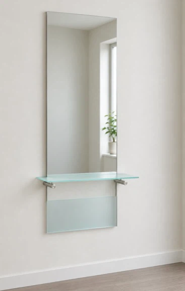 Designer Wall Mirror with Integrated Glass Shelf