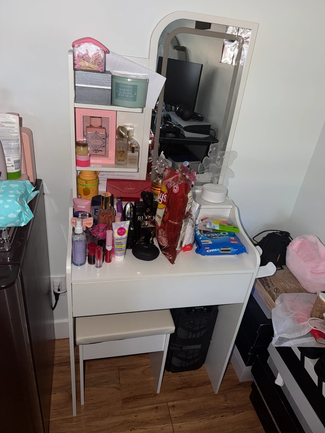 White Vanity Table with Mirror and Stool