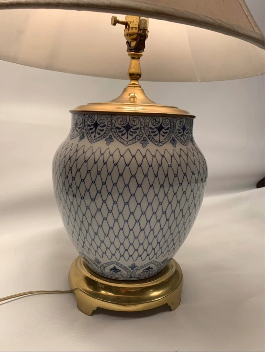 Blue and White Ceramic Table Lamp with Brass Base