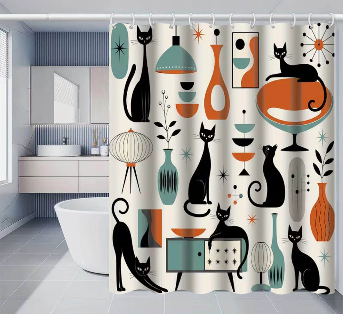 Quirky Mid-century Modern Cat Pattern Shower Curtain