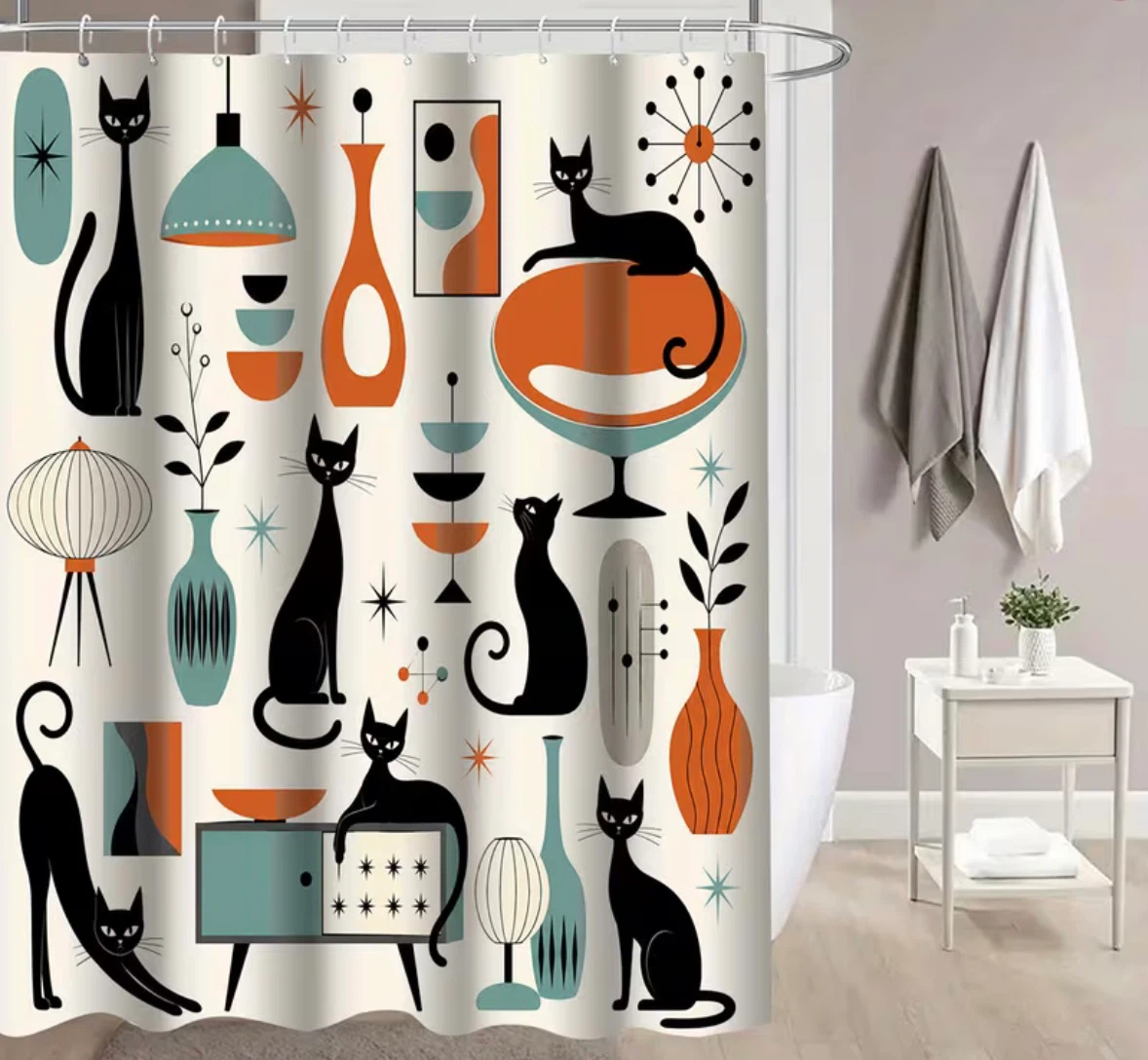 Quirky Mid-century Modern Cat Pattern Shower Curtain - photo 3