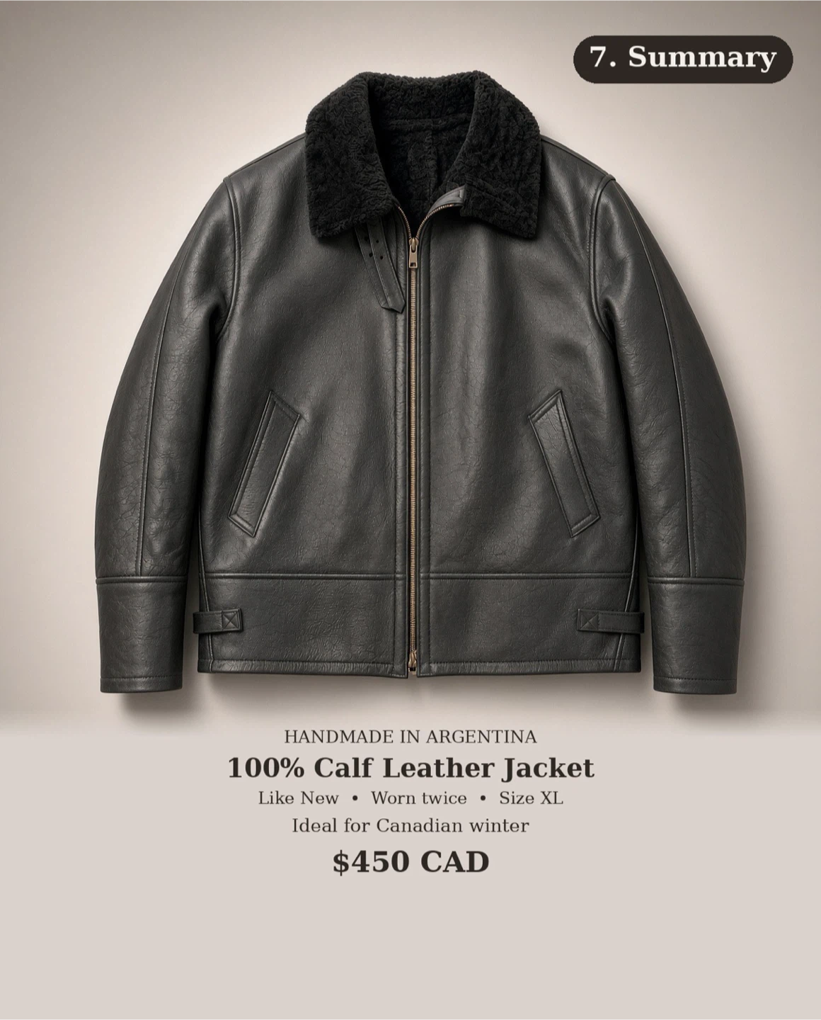 Handmade 100% Calf Leather Jacket, Size XL