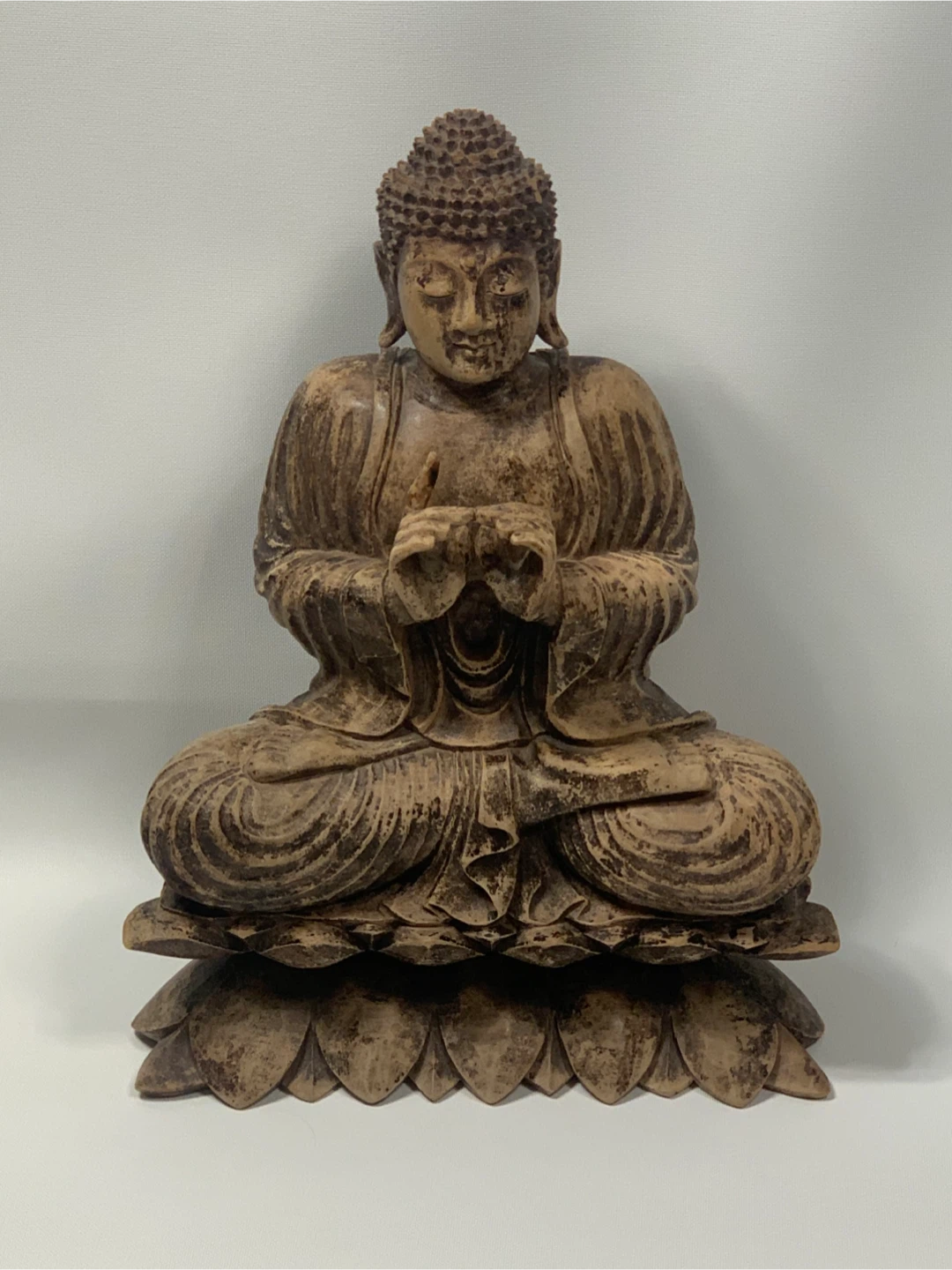 Large Wooden Hand carved Buddha Statue on Lotus Base. 17”H