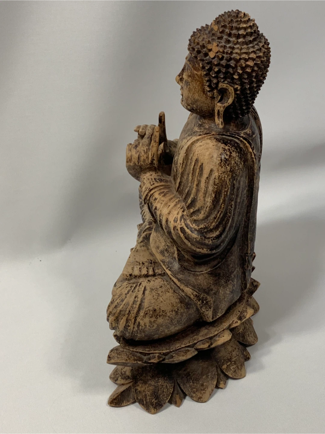 Large Wooden Hand carved Buddha Statue on Lotus Base. 17”H - photo 4
